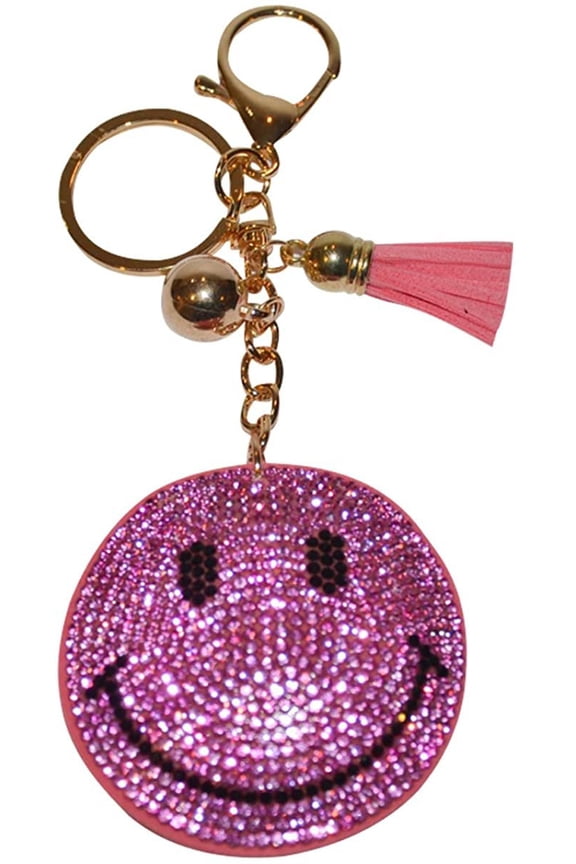 Pink Happy Face Keychains for Women Girls Crystal Purse Charm Backpack Charms
