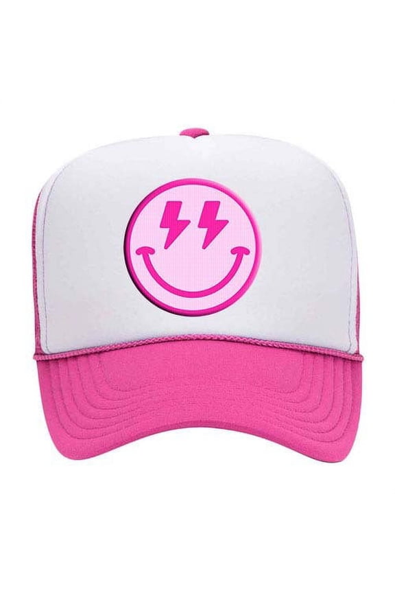 Pink Happy Face Lightning Eyes Smile Face Unisex Embroidered Foam Front Mesh Back Trucker Hat, White/Pink