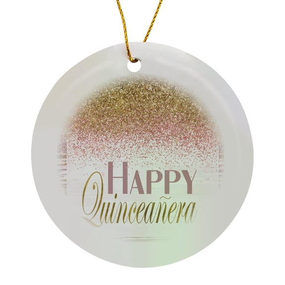 3drose, Pink Happy Quinceanera Image of Gold and Pink Glitter, Circle Porcelain Ornament