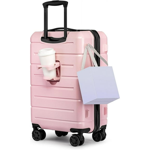 Pink Hardside Carry On Luggage 22x14x9 Airline Approved with TSA Lock Hardshell Carry-On Suitcase with Wheels Travel Rolling 22 inch Luggage with Cup Holder for Women