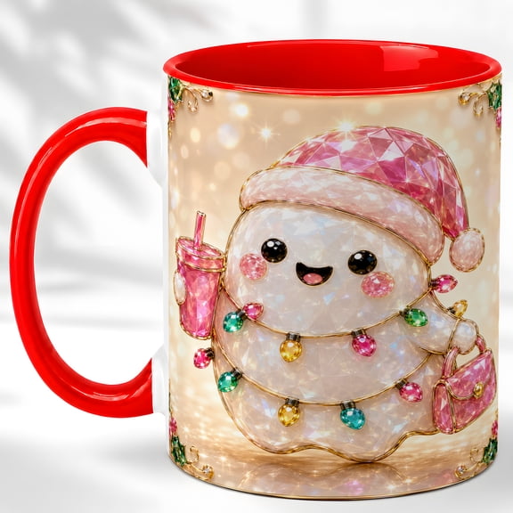 Pink Hat Snowman Coffee Mug, Winter Holiday Mug, Ceramic 11 oz