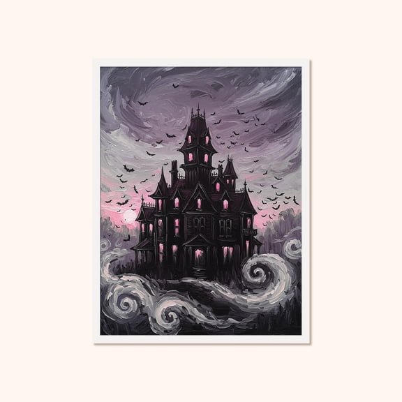Pink Haunted House Wall Art, Girly Poster For Girls Room, Stretched Canvas Size 12x18