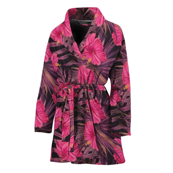 Pink Hawaiian Hibiscus Pattern Women Bathrobe One Size Univeral Fits, Tropical Floral Hawaiian Fashion Lightweight Plush Fleece Long Robe For Women