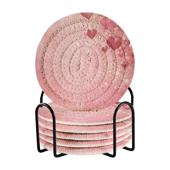 Pink Heart Background Drink Coasters with Holder Absorbent Coaster for Coffee Table Room Decor 6 Pack