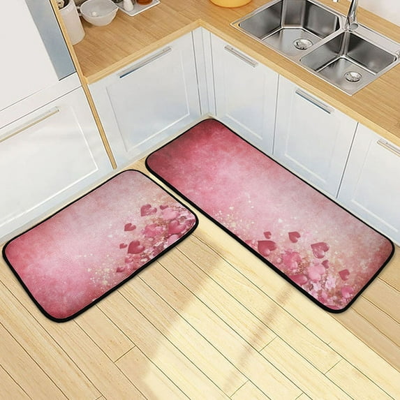 Pink Heart Background Kitchen Mat Set of 2 Cushioned Non Slip Rugs for Bedroom Floor Runner Mats