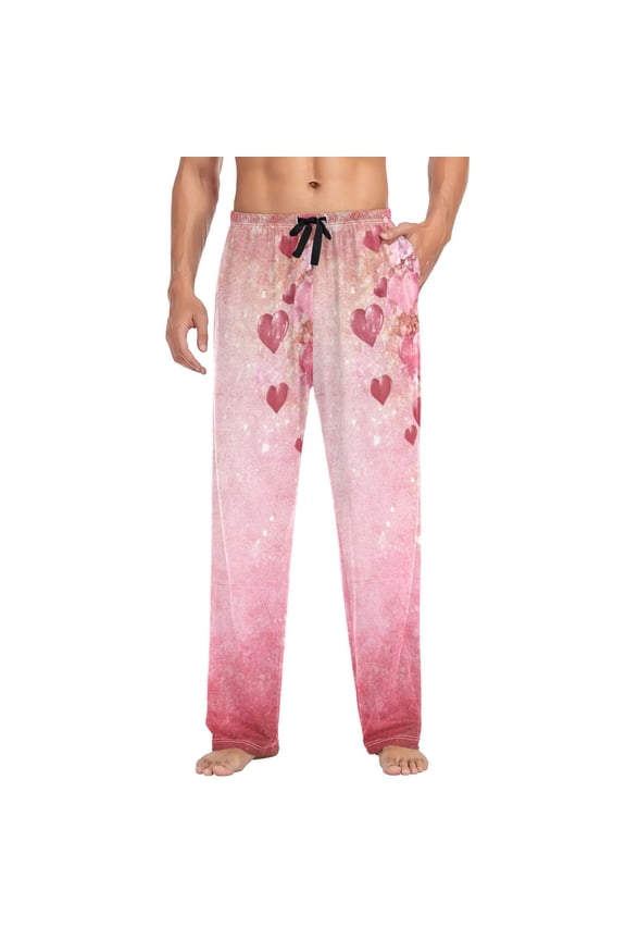 Pink Heart Background Mens Cotton Pajama Pant Sleep and Lounge Bottons with Pockets
