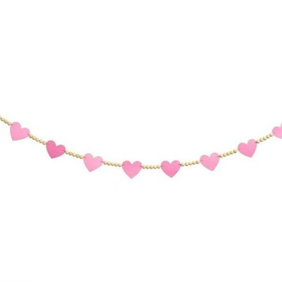 Pink Heart Banner with Wood Beads 92-Inch, Valentine's Day Decor Garlands for Fireplace Mantel Wall, Farmhouse Hanging Decor for Wedding Anniversary, Love Theme Party Banner Flags