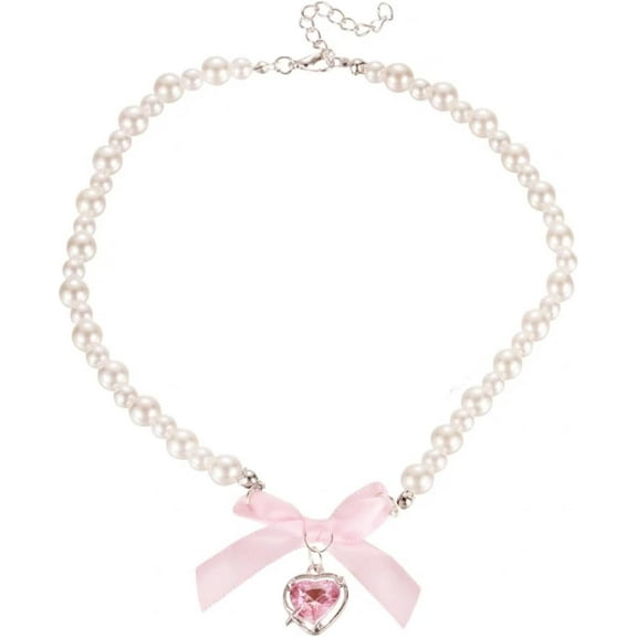 Pink Heart Bow Choker Necklace Y2k Boho Round Pearl Beaded Chain Chic Crystal Rhinestone Love Hearts Shaped Pendant Necklace for Women Valentines Day Christmas Party Jewelry Gifts