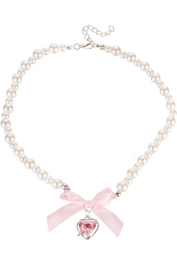 Pink Heart Bow Choker Necklace Y2k Boho Round Pearl Beaded Chain Chic Crystal Rhinestone Love Hearts Shaped Pendant Necklace for Women Valentines Day Christmas Party Jewelry Gifts