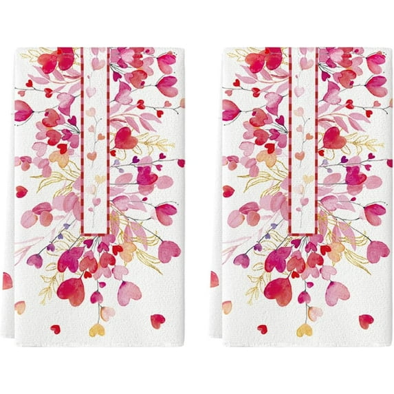 Pink Heart Branch Valentine''s Day Kitchen Towels Dish Towels, 18x26 Inch Farmhouse Wedding Decoration Hand Towels Set of 2