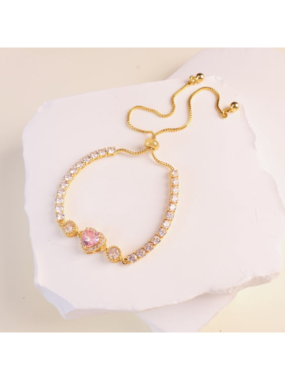 Pink Heart Candy Tennis Bracelet Iced Out Cubic Zirconia Jewelry Bracelets For Women Sparkling Cuff Bangles 18K Gold Plated Chains,Adjustable
