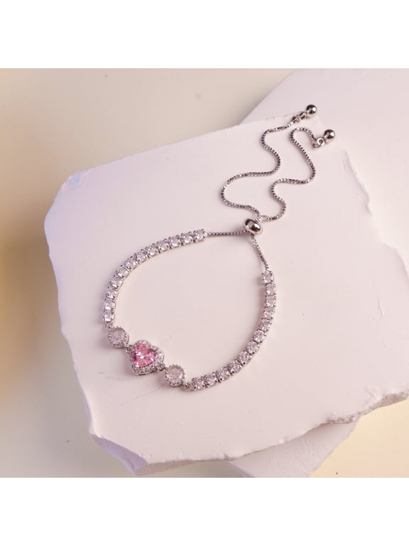 Pink Heart Candy Tennis Bracelet Iced Out Cubic Zirconia Jewelry Bracelets For Women Sparkling Cuff Bangles 18K Gold Plated Chains,Adjustable
