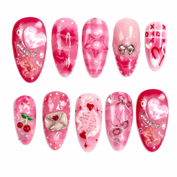 Pink Heart Cherry Press on Nails, Short Almond Glossy Fake Nails with Raised Detail, 30 Count
