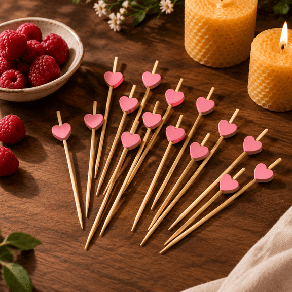 Pink Heart Cocktail Picks, Fancy Toothpicks for Appetizers, 4.7 IN Bamboo Fruit Skewers, Wooden Charcuterie Sticks for Food Drinks Valentines Galentines Mothers Day Party Decorations Wedding Decor