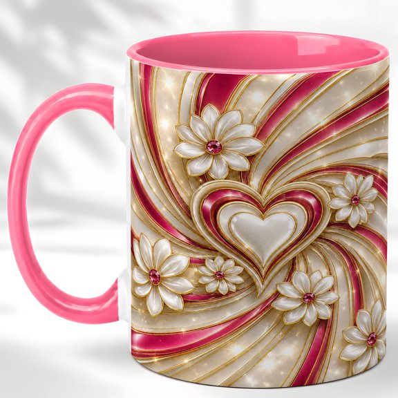Pink Heart Daisy Coffee Mug, Orange Floral Mug, Ceramic 11 oz