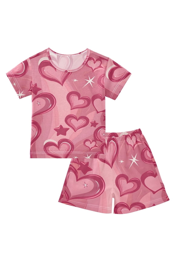 Pink Heart Dream Pattern Summer Pajama Set Soft Cotton Short Sleeve Sleepwear 2PCS Pajama Sets Breathable Lounge Set Size 12Y