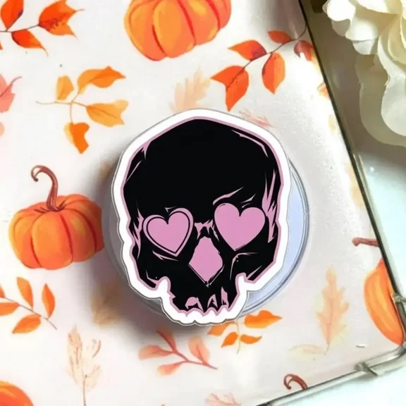 Pink Heart Eyes Skull MagSafe Phone Grip, Pastel Goth Aesthetic Pop Socket, Spooky Cute Skeleton Holder, Kawaii Gothic Gift, Grip Accessory