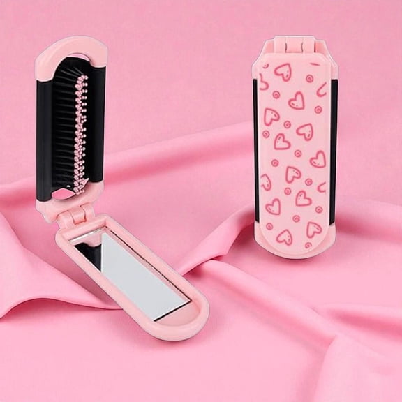 Pink Heart Folding Mirror Comb Travel Hair Brush with Built-in Mirror for Women