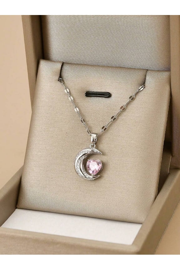 Pink Heart In Crescent Moon Pendant Necklace With Rhinestones, Silvertone Stainless Steel For Women