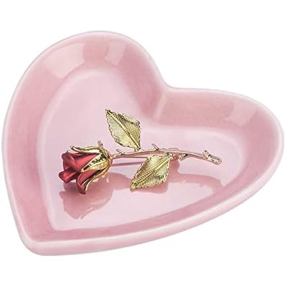 Pink Heart Jewelry Tray, Engagement Wedding Ring Dish Earring Holder for Newlyweds, Sweet Gift for Women, Ceramic. NO ROSE.