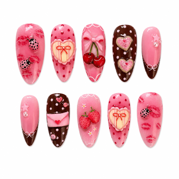 Pink Heart Lip Print Press on Nails, Medium Almond Glossy Fake Nails with Cherry Detail, 30 Count