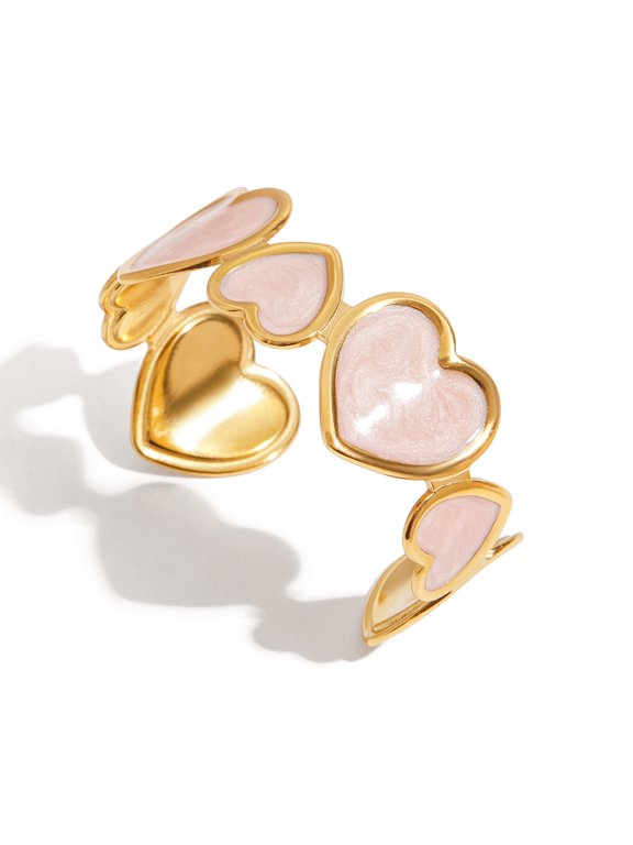 Pink Heart Love Cuff Bracelet For Women Gift Stainless Steel Wide Wrist Jewelry Waterproof Glossy Bracelet Bangle