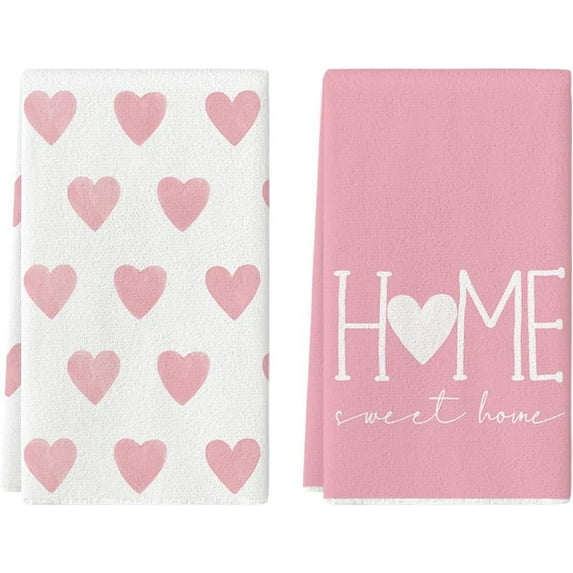 Pink Heart Love Kitchen Towels Dish Towels, 18x26 Inch Home Sweet Home Anniversary Wedding Decoration Hand Towels Set of 2