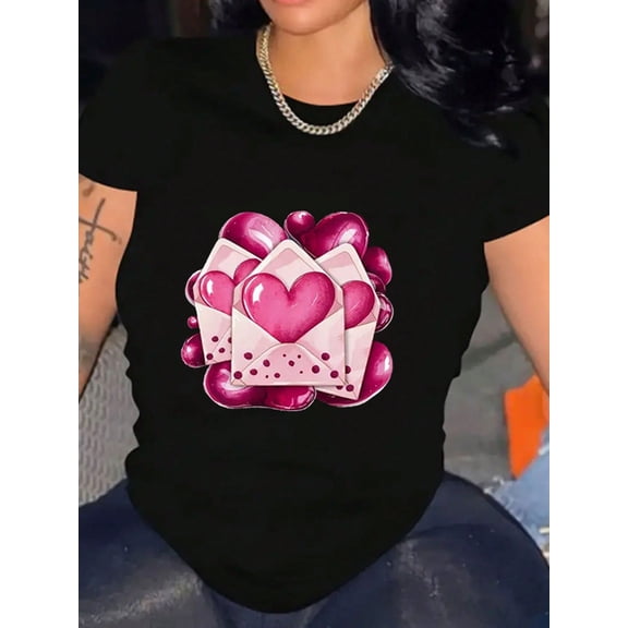 Pink Heart Love Letter Valentine's Day Graphic Women Soft Casual Short Sleeve T-Shirt