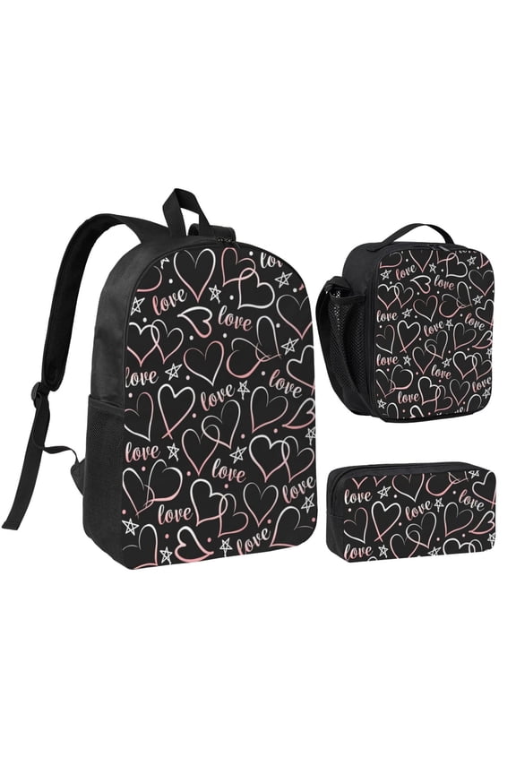 Pink Heart Love Theme Backpack Set 3pc ，Backpack with Lunch Bag and Bag 17 Inch