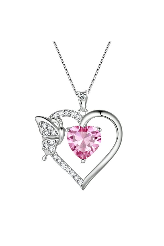 Pink Heart Necklace Butterfly October Birthstone Necklace Tourmaline CZ 925 Sterling Silver Pendant Jewelry Women Birthday Valentine's Day Gift
