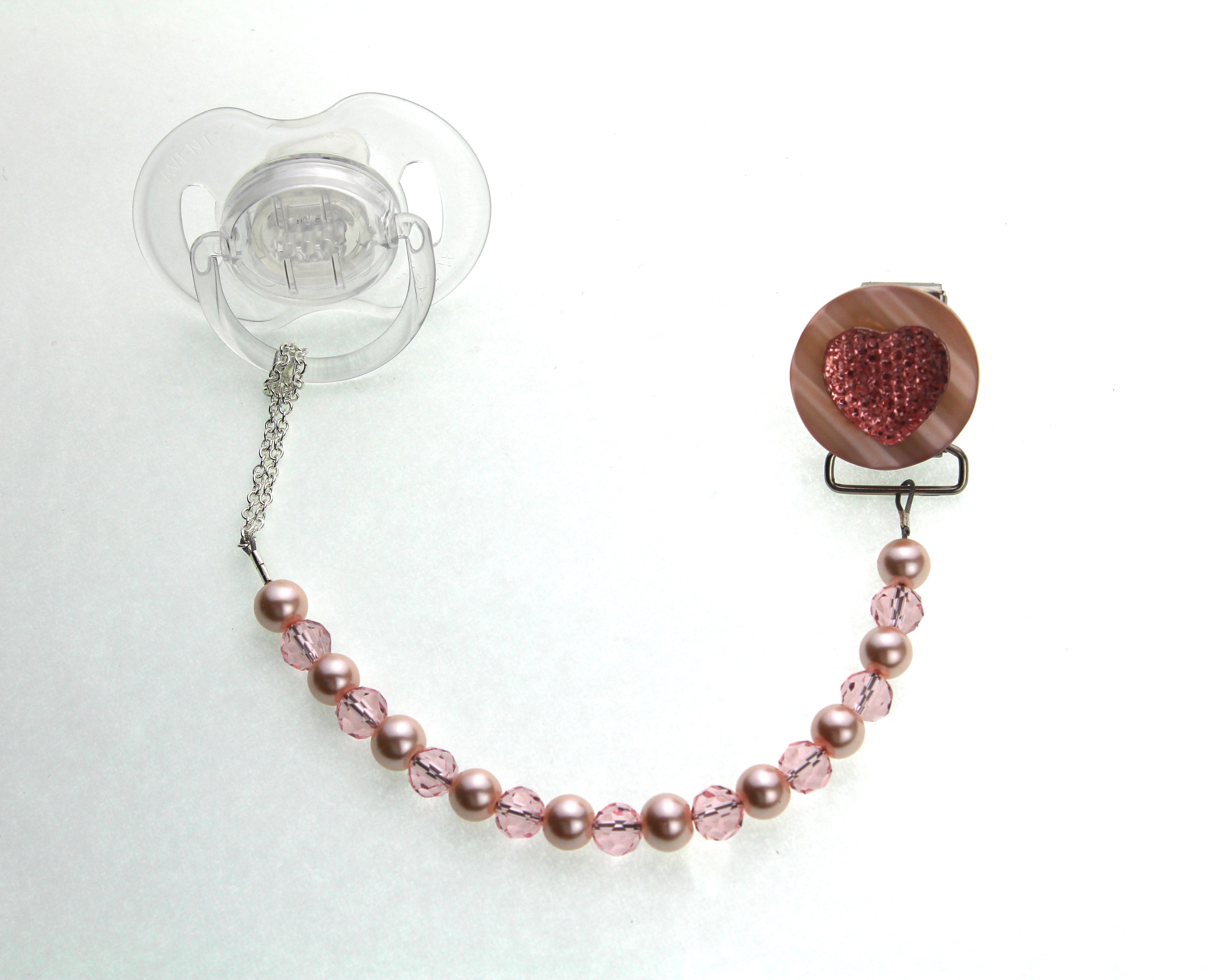 Pink Heart Pacifier Clip with Matching Pearls & Crystals