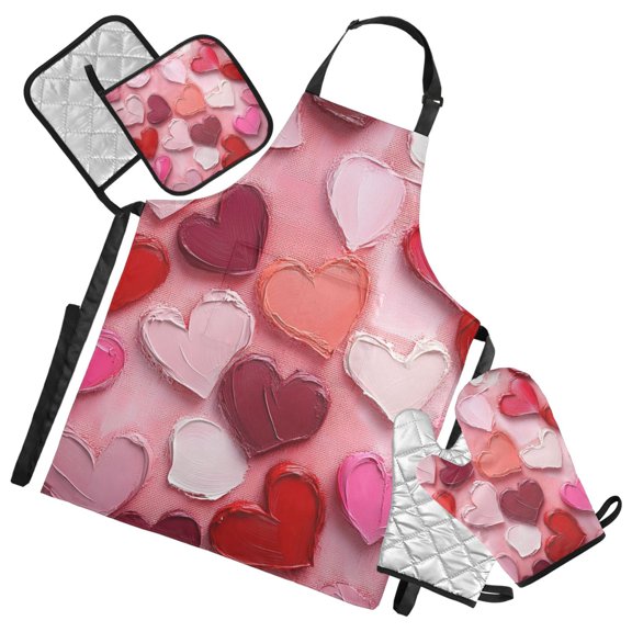 Pink Heart Painted with Paint Oven Mitts and Pot Holders with Chef Apron Set 5 Pcs Kitchen Cooking Set