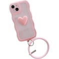 thumbnail image 1 of Pink Heart Phone Case Compatible with iPhone 12 pro, Cute 3D Love Heart Phone Case, Curly Wave Shape Clear Heart Phone Cover with Round Bracelet for Women Girls, 1 of 12