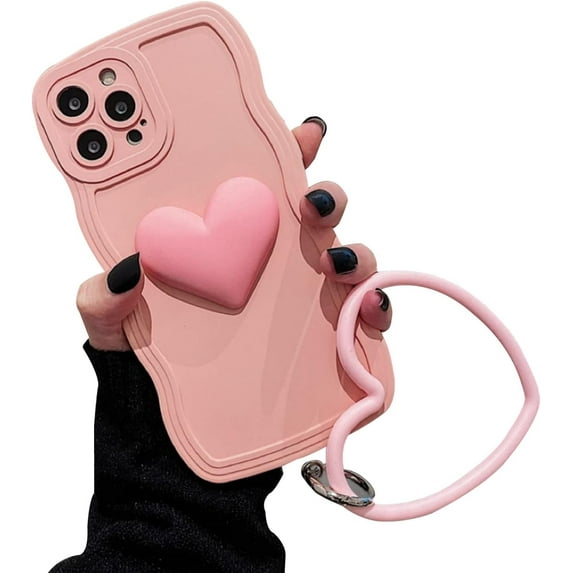 Pink Heart Phone Case Compatible with iPhone 13 Pro, Cute 3D Big Love Heart Phone Case, Curly Wave Shape Heart Phone Cover with Heart Bracelet for Women Girls