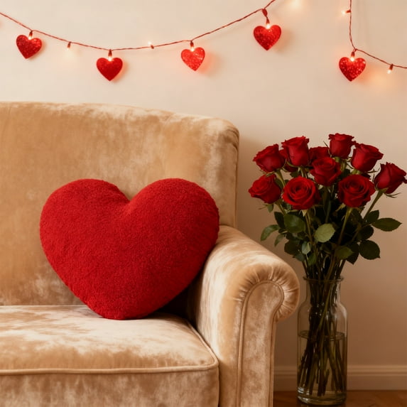 Pink Heart Pillow For Valentines Day, Large 14X17 Inch Heart-Shaped Faux Rabbit Fur Throw Pillow, Romantic Love Pillow For Bedroom, Living Room Or Cozy Gift