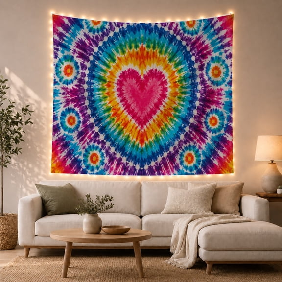 Pink Heart in Psychedelic Spiral with Rainbow Tie-Dye, Energetic Boho for Wall Art Lovers, Abstract Decor Piece, Housewarming Gift, Tapestry Wall Hanging for Bedroom and Living Room