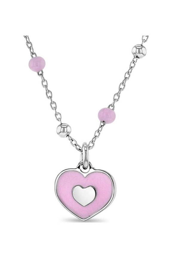 Pink Heart Satellite 14" Kids/Children's/Girls Necklace Enamel - Sterling Silver