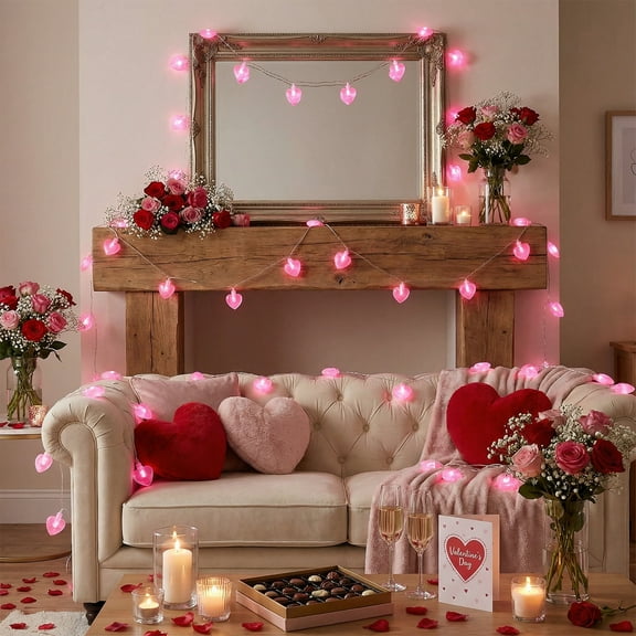Pink Heart-Shaped Battery-Operated LED String Lights,Romantic Valentine’s Day Wedding Decoration,Mood Lighting for Room,Bedroom,Party,Proposal,Anniversary,Sweetheart Gift Atmosphere-Pink