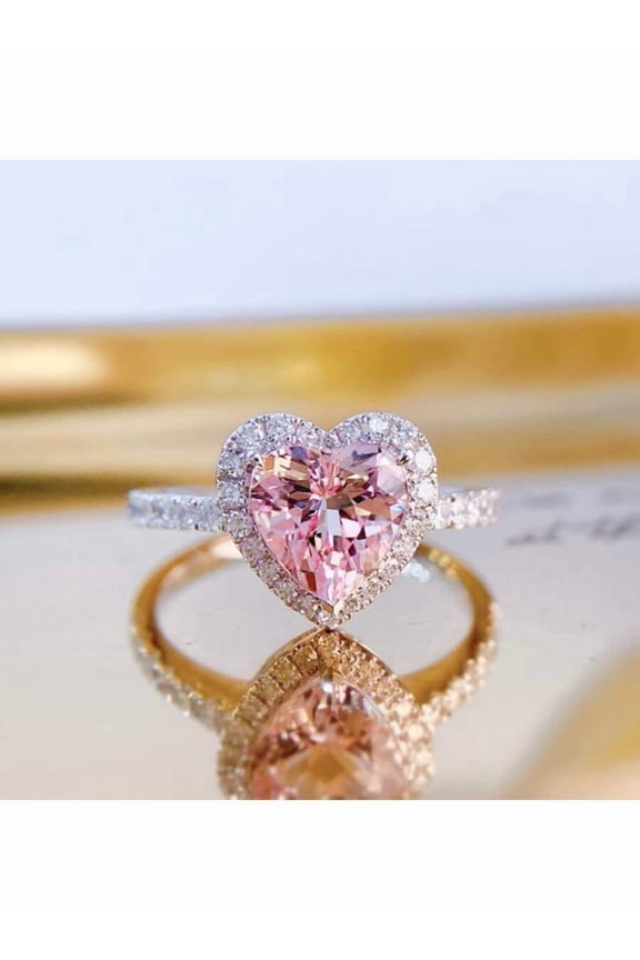 Pink Heart-Shaped Cubic Zirconia Halo Ring For Women