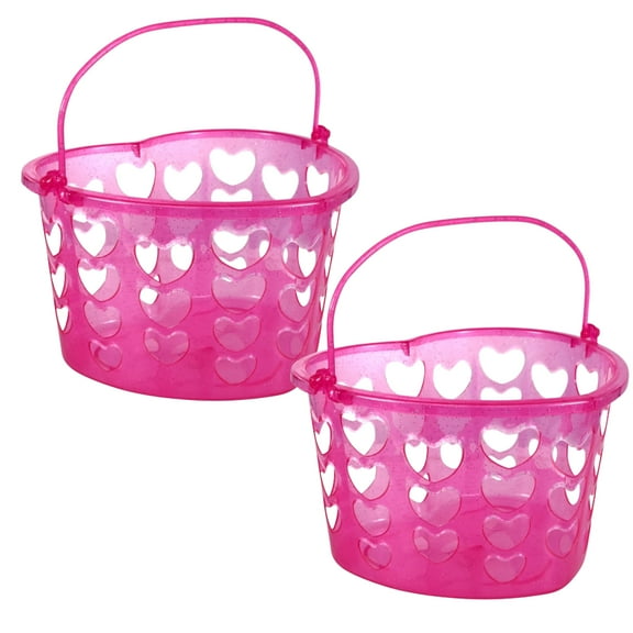 Pink Heart Shaped Slotted Basket with Handles, Plastic Mini Gift Basket for Valentines Day Wedding Birthday Easter Bag Party Favors & Gifts for Home School Office & More 2-ct Packs