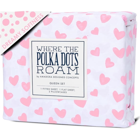 Pink Heart Sheets Full Bedding Set - Super Soft 4 Piece Heart Bed Sheets for Girls with Fitted Sheet, Flat Sheet & 2 Pillowcases - Cute Pink Heart Bedding & Room Décor for Kids & Teens