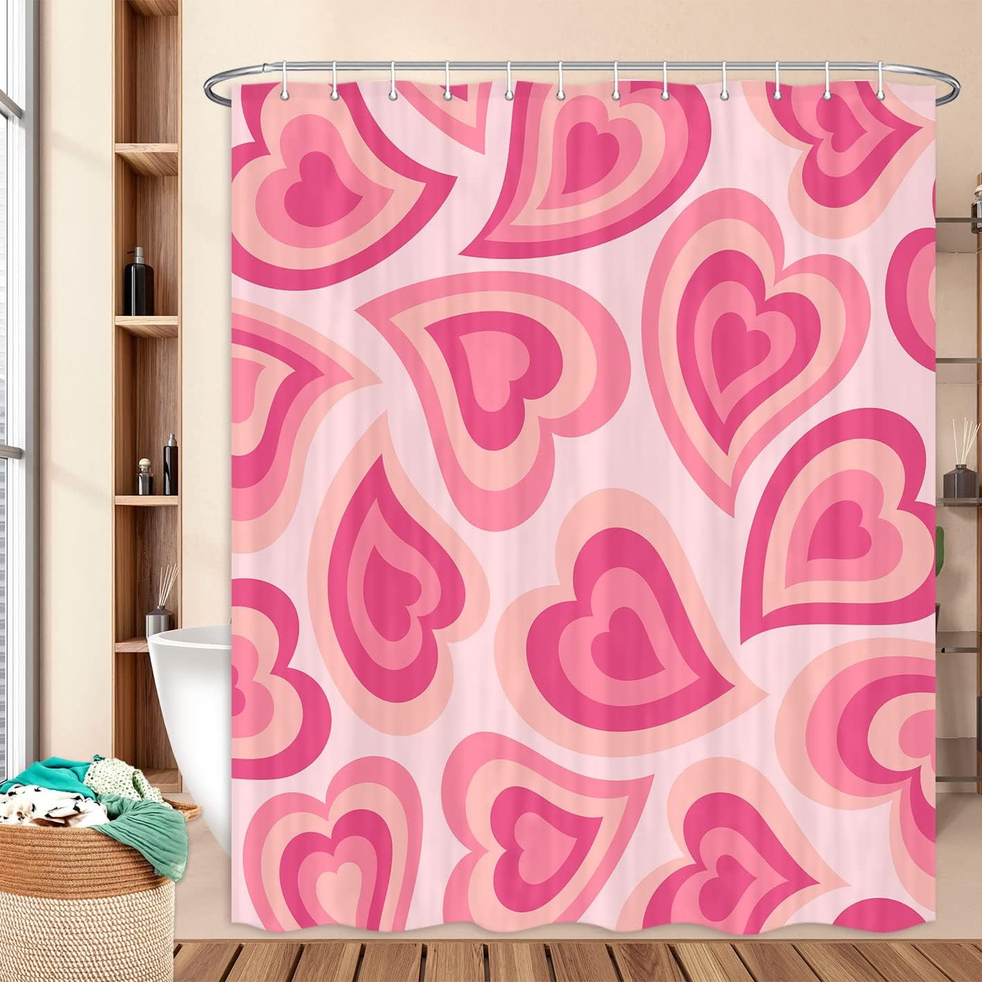 Pink Heart Shower Curtain Valentines Romantic Love Heart Cute Bathroom