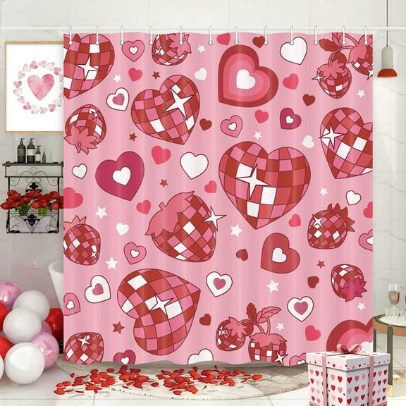 Pink Heart Shower Curtain Valentines Romantic Love Heart Cute Eclectic Bathroom Accessories Retro Groovy Funky Chic 72s Bath Curtain with Disco Ball Hippie Modern Artistic Bathroom Decor Set 72X72IN