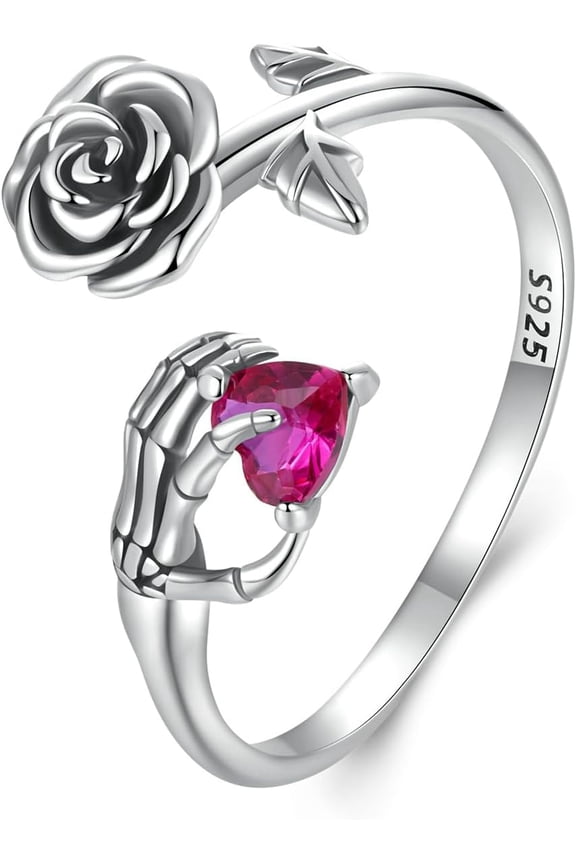 Pink Heart Skull Hand 925 Sterling Silver Ring for Women Crystal CZ Vintage Rose Flower Wrap Finger Band Adjustable Open Statement Ring for Halloween Party