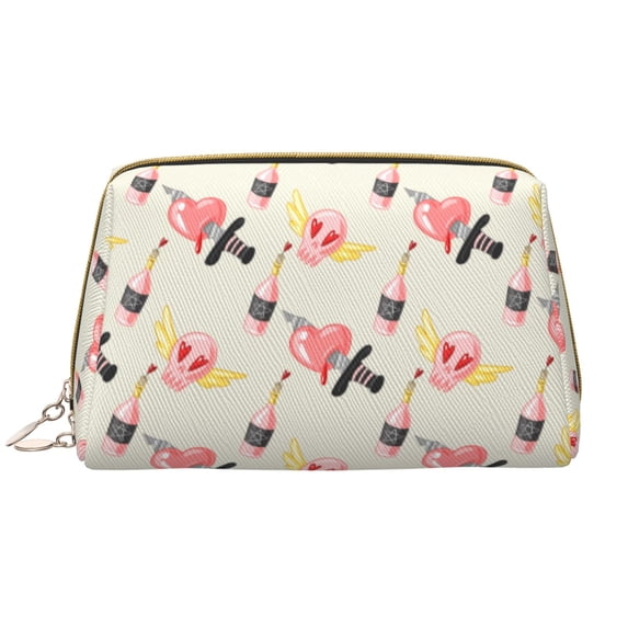 Pink Heart Skull Wine Bottle Makeup Bag, Large Capacity Travel Cosmetic Bag for Women Girls- Travel Toiletry Bag Leather Portable Waterproof Makeup Case Organizer with Handle