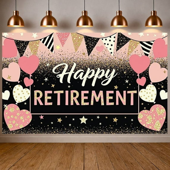 Pink Heart Theme Retirement Banner Gold Stars Design Happy Retirement Display Glittery Black Background Retirement Party Backdrop for Retirement Party Indoor Celebration Photo Shoot