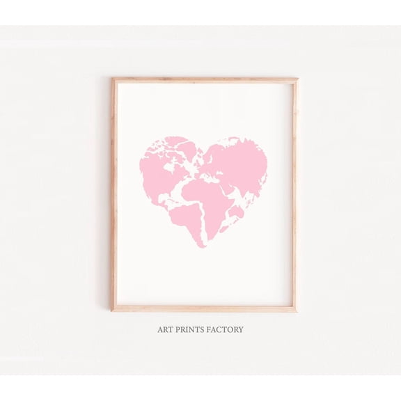 Pink Heart World Map Poster, Nursery And Travel Decor