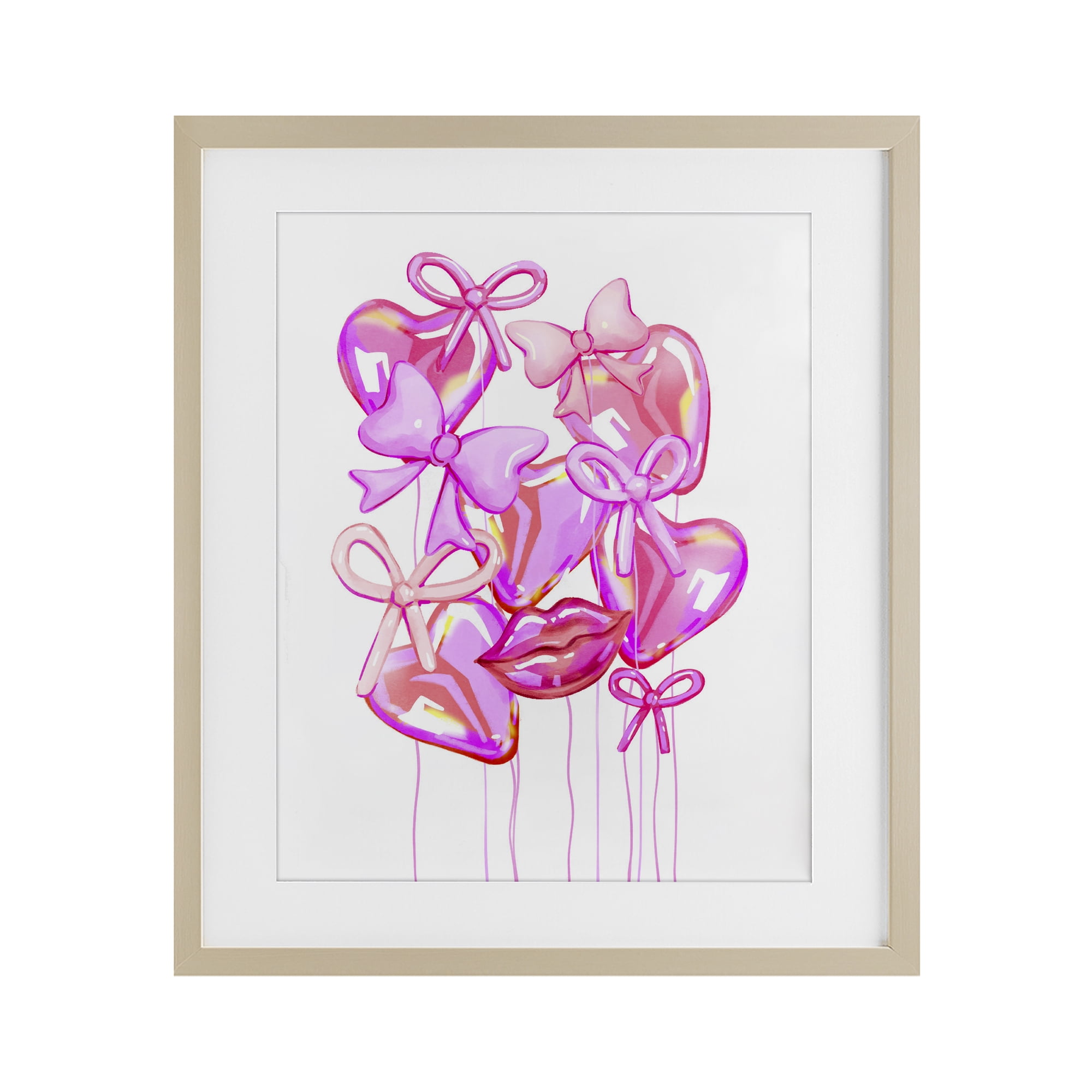 Pink Heart and Bow Balloons Birch Framed Print Under Glass, design by Ziwei Li