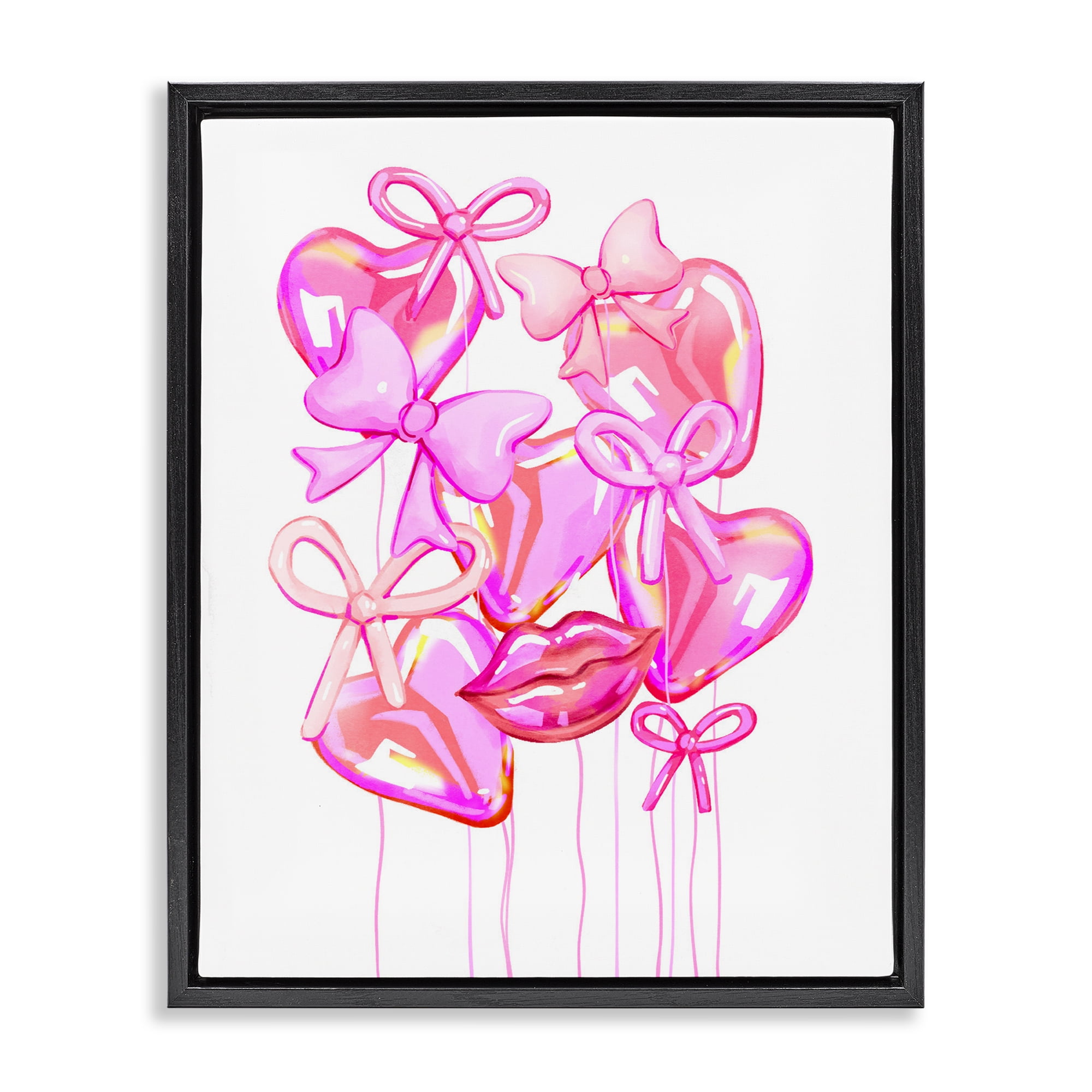Pink Heart and Bow Balloons Black Framed Floater Canvas Wall Art, design by Ziwei Li