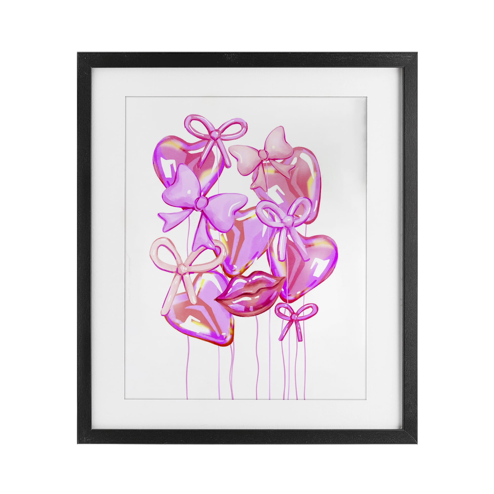 Pink Heart and Bow Balloons Black Framed Print Under Glass, design by Ziwei Li